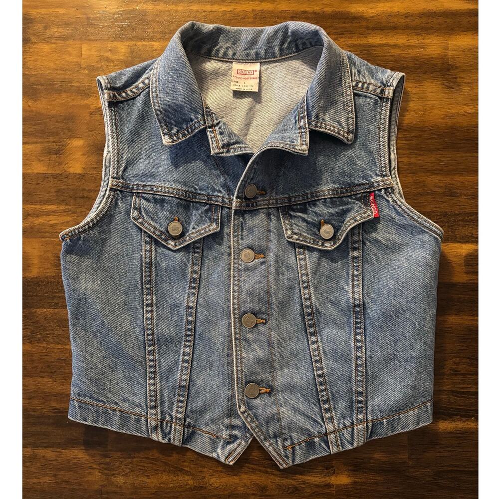 Bongo Women’s Large Denim Vest Vintage Button Front Blue Jean Crop 100% Cotton
